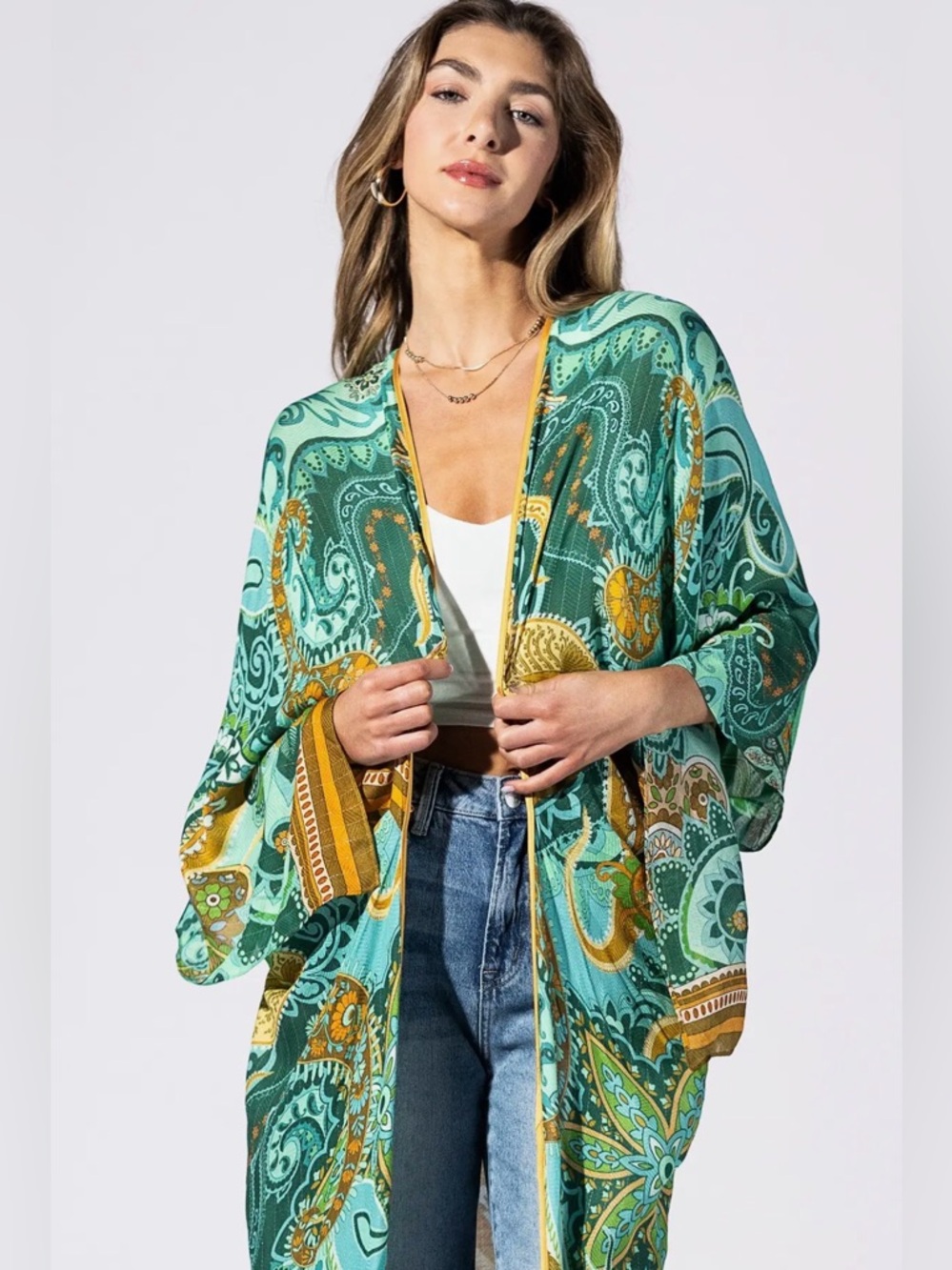 Emerald Heirloom Bohemian Green & Mustard Paisley Duster Kimono - Picture 2 of 4